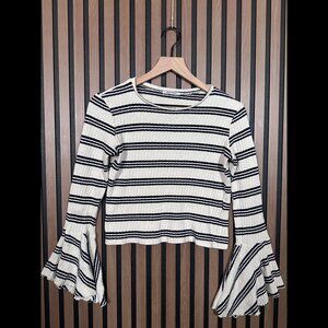 Zara Sweater Small Womens Ivory Blue Striped Flared Long Sleeve Knit